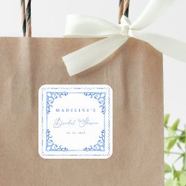 エレガントなブルー＆ホワイトタイルのブライダルシャワー スクエアシール