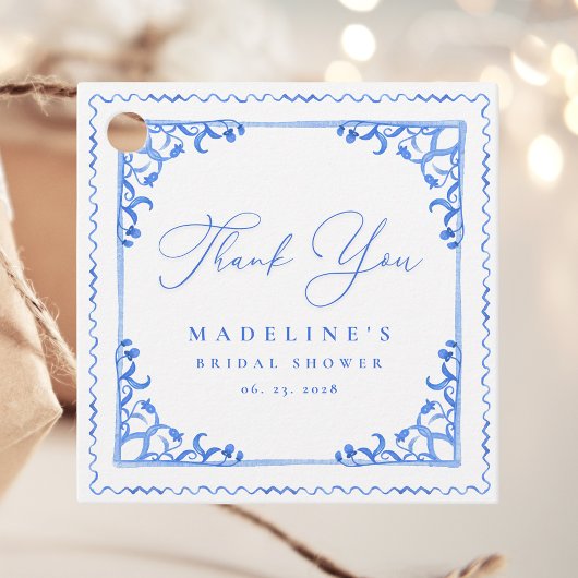 エレガントなブルー＆ホワイトタイルのブライダルシャワー フェイバータグ