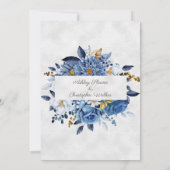 エレガントなブルー ホワイト ゴールド フラワー ウェディング 招待状 (裏面)