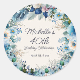エレガントなブルー ホワイト フラワーの女性の40歳の誕生日 ラウンドシール