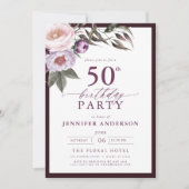 エレガントなプラムパープルの花のスクリプト 50歳の誕生日 招待状 (正面)
