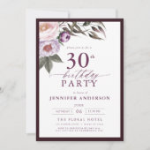 エレガントなプラムパープルの花飾りスクリプト 30歳の誕生日 招待状 (正面)