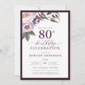 エレガントなプラムパープルの花飾りスクリプト 80歳の誕生日 招待状 (正面)