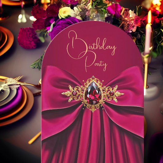 エレガントなプラムピンクのジュエルボー 誕生日パーティー 招待状