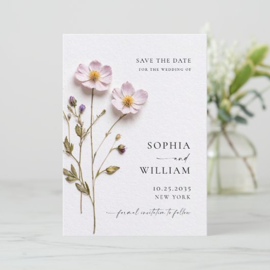 エレガントなプリントを施したパステルカラーのボヘミアンフラワーウェディング セーブザデート (スタンド正面)