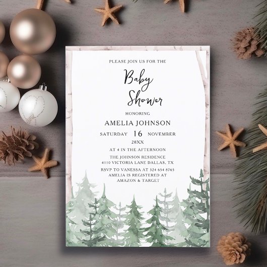エレガントなベイビーシャワーのための水彩画の松の木の冬 招待状