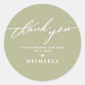 エレガントなベイビーシャワーの手書きスクリプト　サンキュー ラウンドシール (正面)
