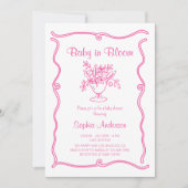 エレガントなベイビー・イン・ブルーム ピンクの花のベイビーシャワー 招待状 (正面)