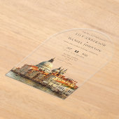 エレガントなベニススカイライン水彩ウェディングアーチ アクリル招待状 (レイダウン)