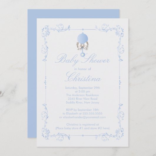 エレガントなベビーのラッセル音の男の子のベビーシャワーの招待状 招待状 (正面/裏面)