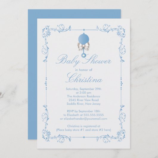 エレガントなベビーのラッセル音の男の子のベビーシャワーの招待状 招待状 (正面/裏面)