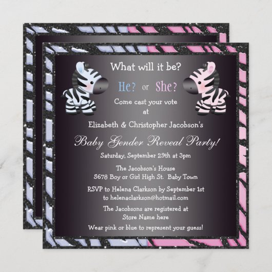 エレガントなベビーの性はシマウマ及びアニマルプリントを明らかにします 招待状 (正面/裏面)