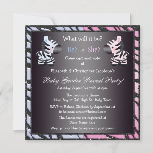 エレガントなベビーの性はシマウマ及びアニマルプリントを明らかにします 招待状 (正面)