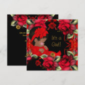 エレガントなベビーシャワー 女の子 赤いバラの花 招待状 (正面/裏面)