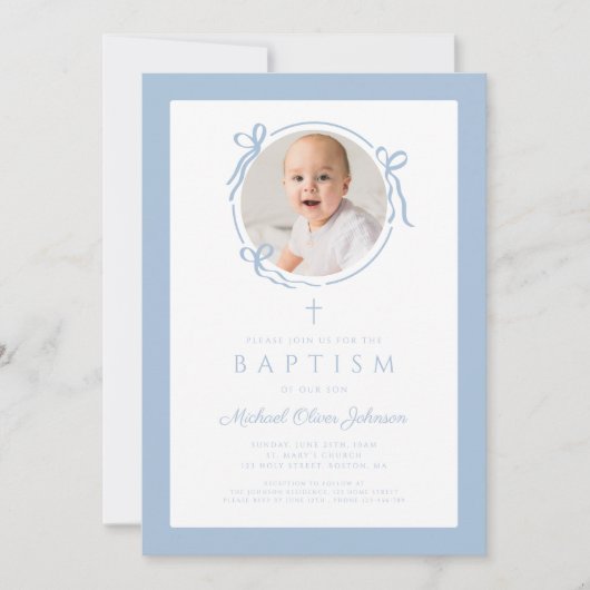 エレガントなベビーブルーのリボン男の子写真洗礼 招待状 (正面)