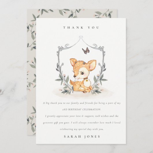 エレガントなベビー鹿の花紋章 誕生日どんな年齢でも サンキューカード (正面/裏面)