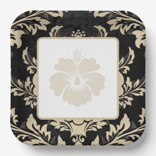 エレガントなベージュのダマスク柄 クリスマスカスタム ペーパープレート (正面)