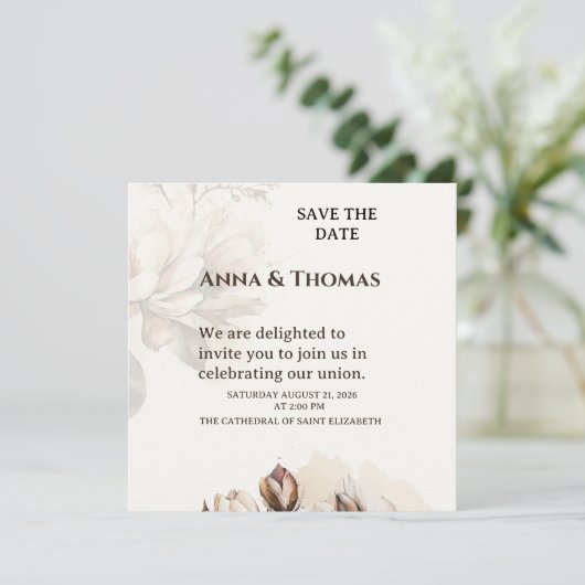 エレガントなベージュのマグノリア Save The Date カード (スタンド正面)