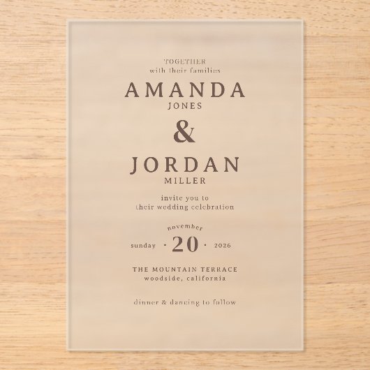 エレガントなベージュのミニマリスト結婚式招待状 アクリル招待状 (正面)