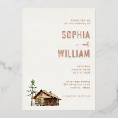 エレガントなベージュのログハウス 箔招待状 (正面)