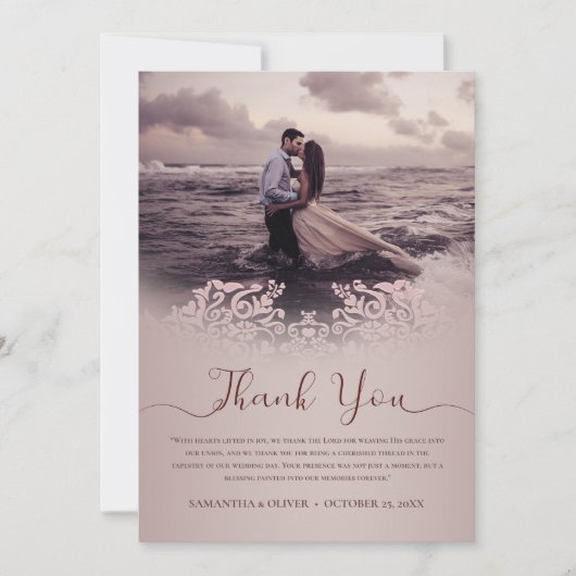 エレガントなベージュの結婚式御礼カード サンキューカード (正面)