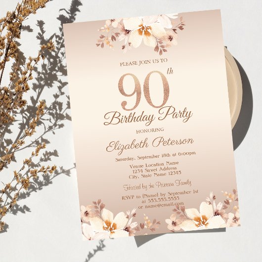 エレガントなベージュの花々 90歳の誕生日 招待状
