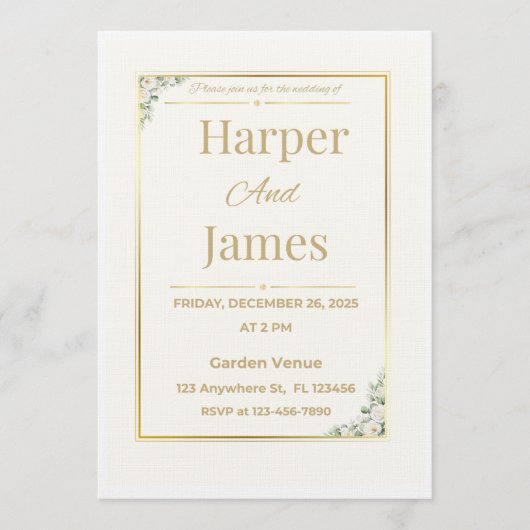 エレガントなベージュの花柄結婚式招待状テンプレート 招待状 (正面)