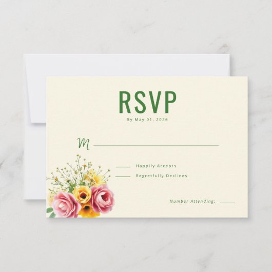 エレガントなベージュの花柄RSVP 出欠カード (正面)