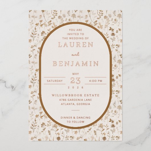 エレガントなベージュの花 箔招待状 (正面)