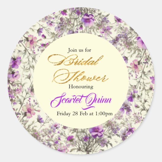 エレガントなベージュスタイルのピンク紫の野の花 ラウンドシール (正面)