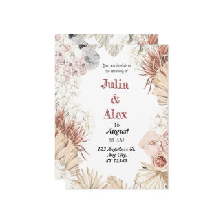 エレガントなベージュトロピカルウォーターカラーボホー花束ウェディング 招待状