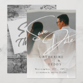 エレガントなベージュ ミニマル フォト セーブ・ザ・デート カード (正面/裏面)