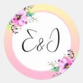 エレガントなペチュニアの花の黄色とピンクのイニシャル ラウンドシール (正面)