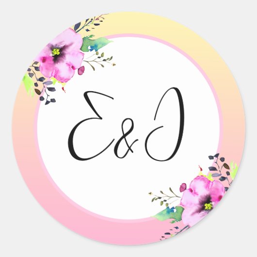エレガントなペチュニアの花の黄色とピンクのイニシャル ラウンドシール (正面)