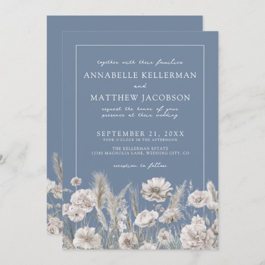 エレガントなペリウィンクル色の野生の花のウェディング 招待状 (正面/裏面)