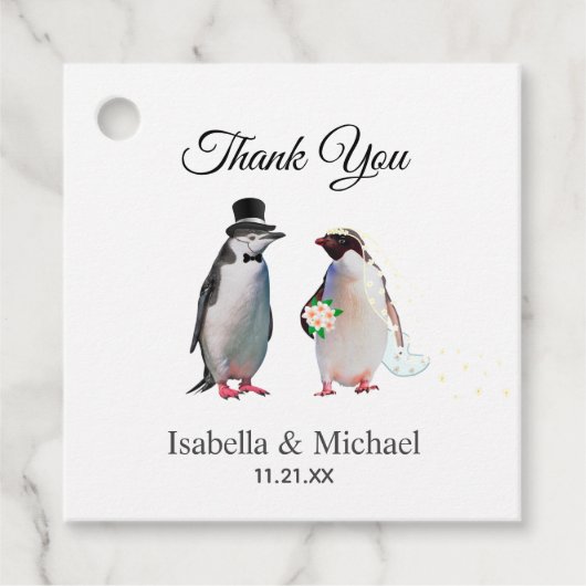 エレガントなペンギンのカップル 結婚式のお礼 フェイバータグ (正面)
