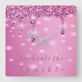エレガントなホットピンクのグリッター ドリップ スクエア壁時計