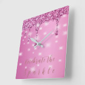 エレガントなホットピンクのグリッター ドリップ スクエア壁時計 (傾斜)