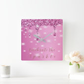 エレガントなホットピンクのグリッター ドリップ スクエア壁時計 (ホーム)