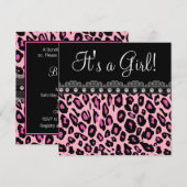 エレガントなホットピンクのヒョウ柄ベイビーシャワー 招待状 (正面/裏面)