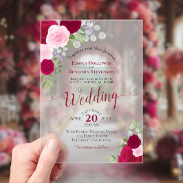 エレガントなホットピンクマゼンタとピンクのバラの結婚式 アクリル招待状