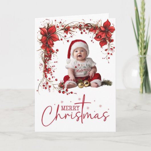 エレガントなホリデーシーズンの赤い花のクリスマスリース シーズンカード (正面)