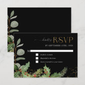 エレガントなホリーデイ ブラック＆ゴールドの結婚式 出欠カード (正面/裏面)