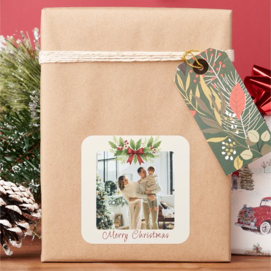 エレガントなホリー＆レッドボウのクリスマス -  スクエアシール (クリスマス)