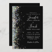 エレガントなホログラフィックグリッターが煌くブラックウェディング 招待状 (正面/裏面)