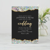 エレガントなホログラフィックグリッターアゲートブラックモダン 招待状 (スタンド正面)