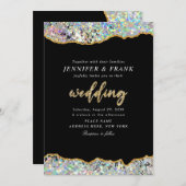 エレガントなホログラフィックグリッターアゲートブラックモダン 招待状 (正面/裏面)