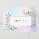 エレガントなホログラフィックグリーンの葉の感謝カード サンキューカード (正面/裏面)