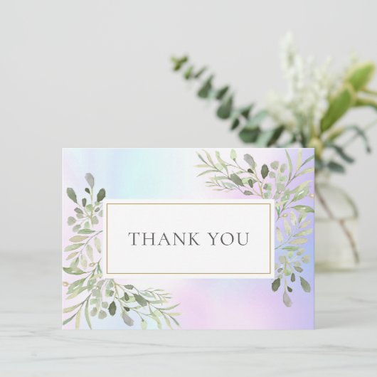 エレガントなホログラフィックグリーンの葉の感謝カード サンキューカード (スタンド正面)