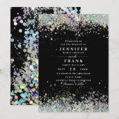 エレガントなホログラフィック スパークリー グリッター ブラック モダン 招待状 (正面/裏面)